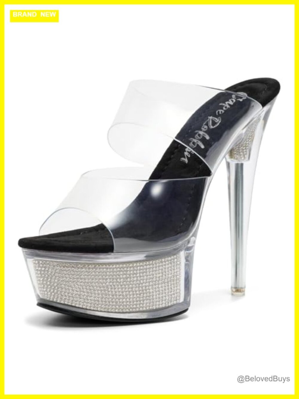 Clear Stiletto Heels Platform Slip-On Rhinestone Round Toe Sandals